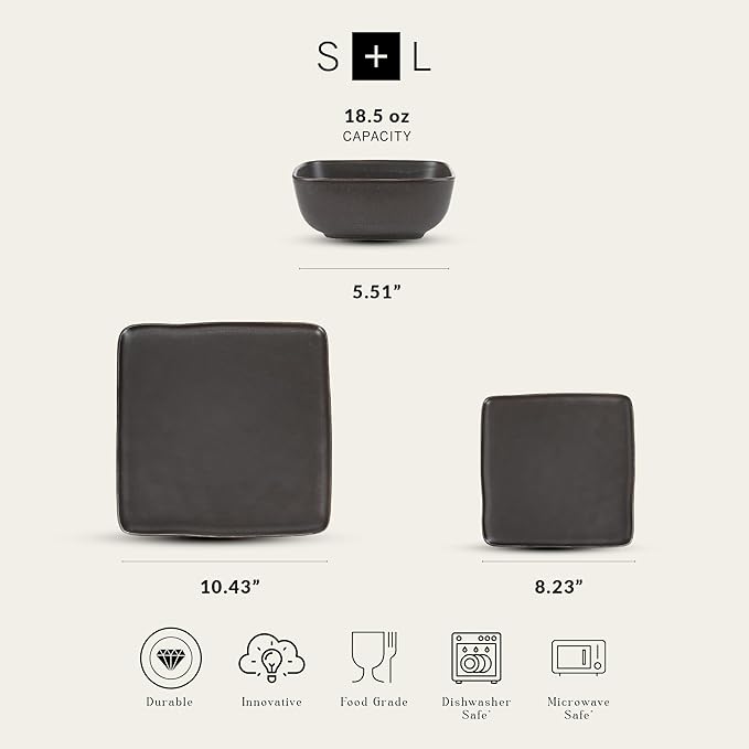 Stone lain Grace Square Stoneware Dinnerware Set, 24 Piece Service For 8, Brown