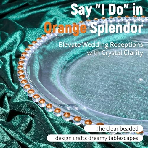12 Pack Clear Charger Plates Bulk Wedding, 13 Inch Plastic Round Dinner Chargers with Orange Beaded Rim, Acrylic Round Decorative Plates for Wedding Party Home and Tabletop Decor (Orange) - Image 3