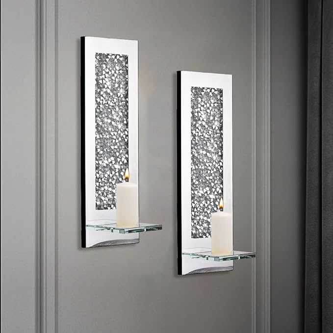 Pibeyer Crystal Crush Diamond Wall Candle holder set of 2, Rectangle Silver Mirrored Candle Sconces, Home Wall decoration for Living Room,Dining Room & Bedroom