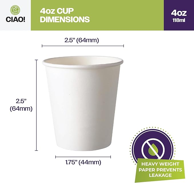 CIAO! 4oz White Paper Hot Cup, Disposable, 63mm Diameter 2,000 Count