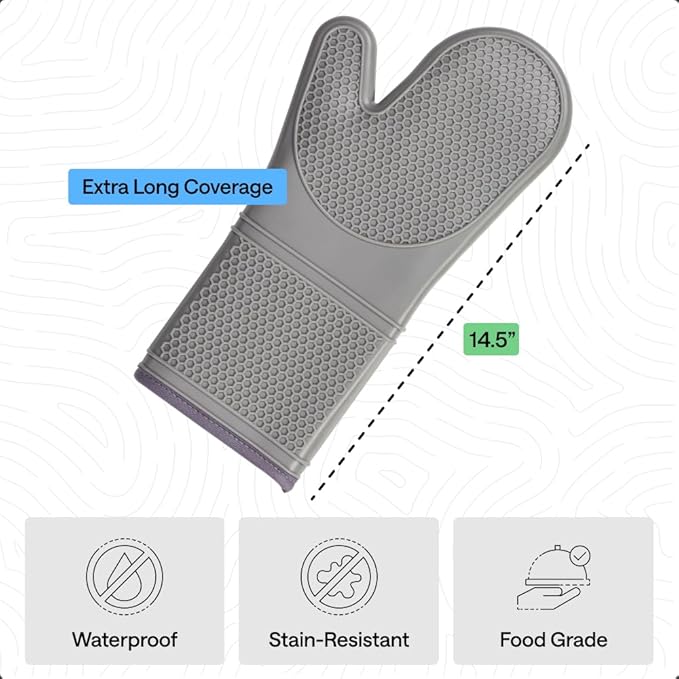 GORILLA GRIP BPA-Free Soft Silicone Oven Mitts, 14.5x8.3, Heat Resistant and Waterproof Cooking Gloves, Thick Cotton Lining, Flexible Gripping for Baking Grilling, Kitchen Potholders Set of 2, Gray