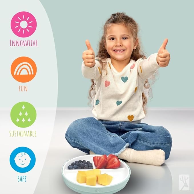 Elk and Friends Kids 7.8” Porcelain White Plates with Silicone Sleeves | Divided Plates | Suitable for Kids/Toddlers | Microwave & Dishwasher Safe | Non Slip | Snack Dishes