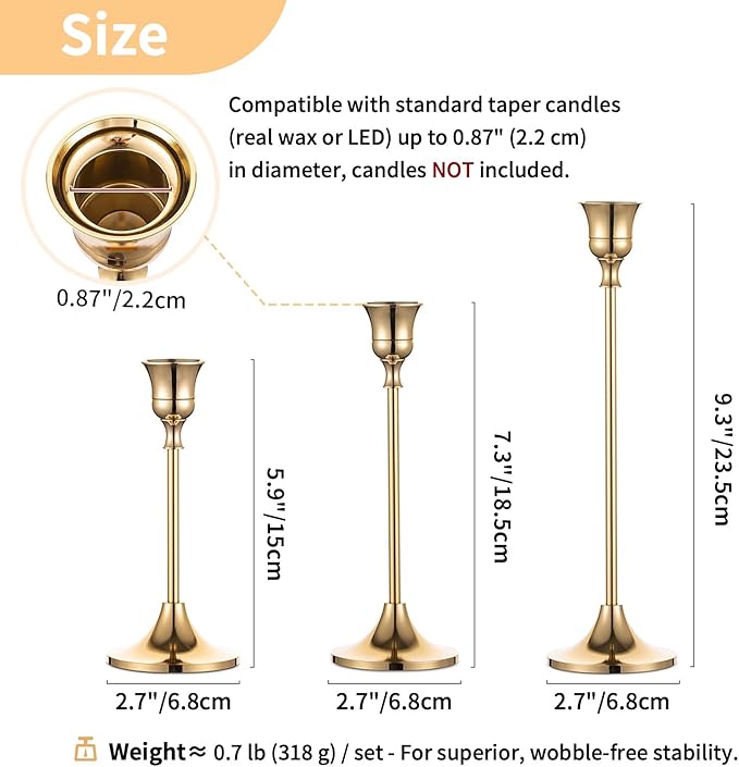 Candlestick Holders Taper Candle Holders, Set of 3 Candle Stick Holders Set, Brass Gold Candlestick Holder Set, Vintage Modern Decorative Centerpiece for Table Mantel Wedding Housewarming Gift