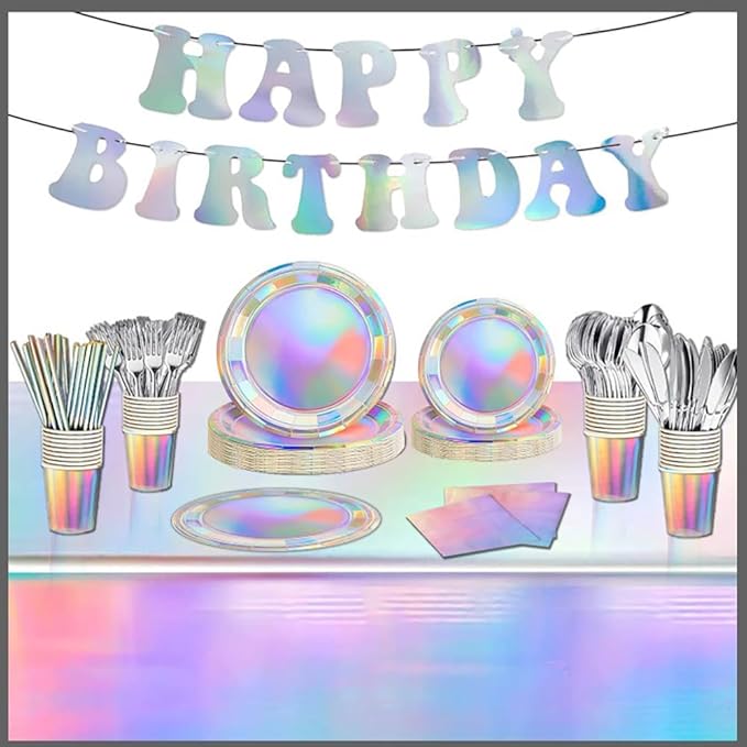 Iridescent Party Supplies, Holographic Paper Plates and Napkins Set, Rainbow Disposable Paper Plates Cups Knives Spoons Fork Straw for Birthday Wedding Party Serve 25 (Iridescent)