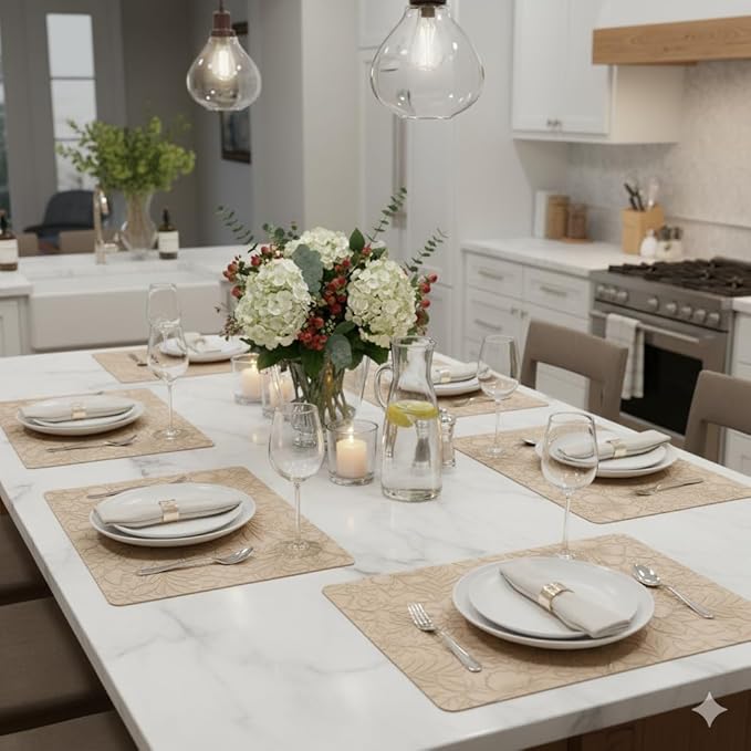 SolaraDawn Faux Leather Table Placemats Set of 6, Washable, Wipeable & Heat-Resistant Table Mats, Waterproof Dining Place Mats with Embossed Texture for Kitchen & Dining, Beige, 17" × 12"