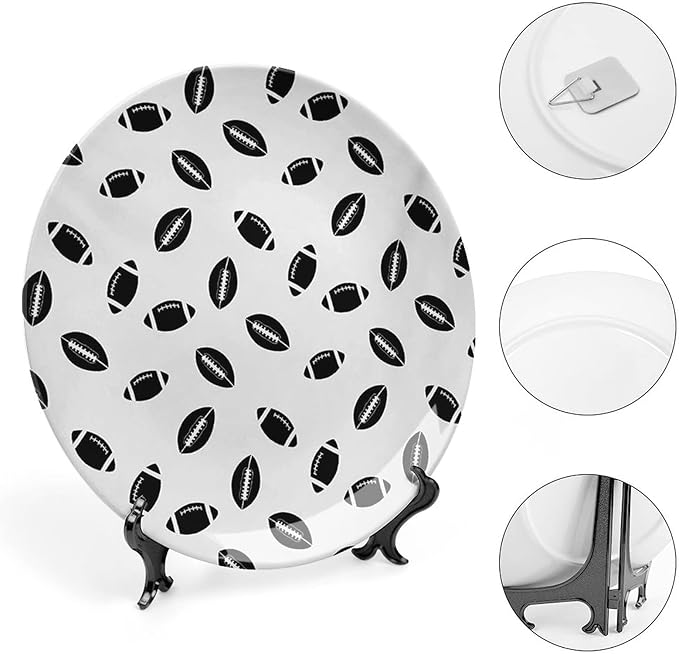 Ceramic Plates, American Football Decorative Ceramic Plates, Monochrome Pattern Black Rugby Balls Sports, 10 Inch, Household Plates Decorative, Black White