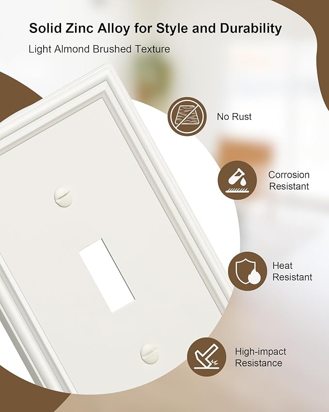 4-Pack Single Toggle Light Switch Cover Plate, Durable Solid Zinc Alloy Decorative Switch Plate Covers, Light Almond 1 Gang Wall Plate, Corrosion Resistant