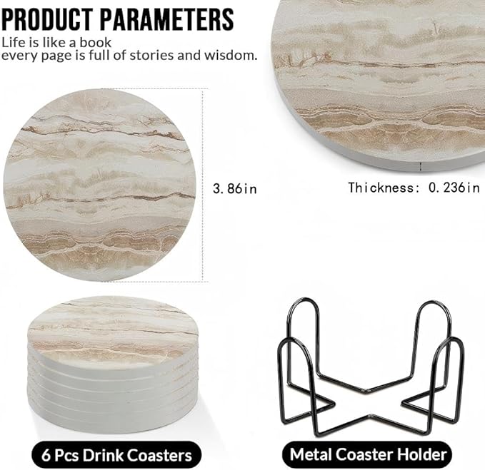 Ceramic Coasters Set of 6, Marble-Textured Design with Holder - Absorbent Cork-Backed Coasters for Cups, Bar & Coffee Table Decor Accessories (Khaki Marble-Thin, 6 Pack-Thin)
