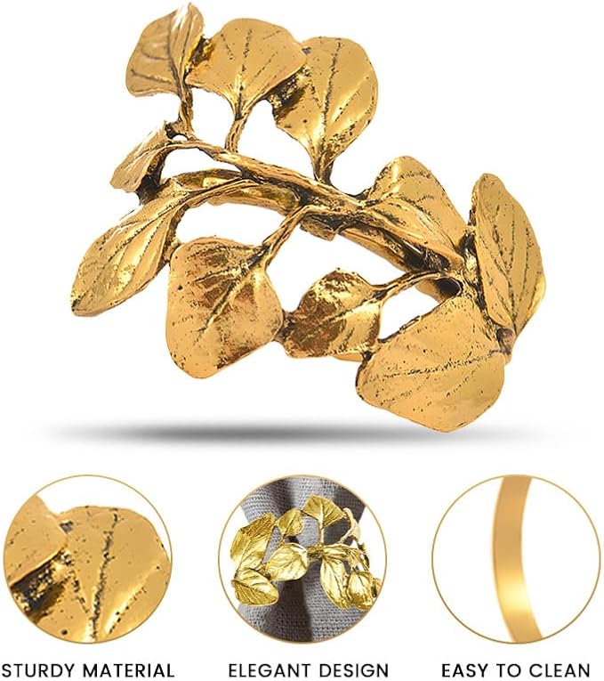 Decozen Set of 4 Gold Napkin Rings in Leaf Design, Festive, Table Decor Setting for Holiday, Wedding, Birthday, Kitchen, Home Decor, Housewarming Gift - Mothers Day Decorations