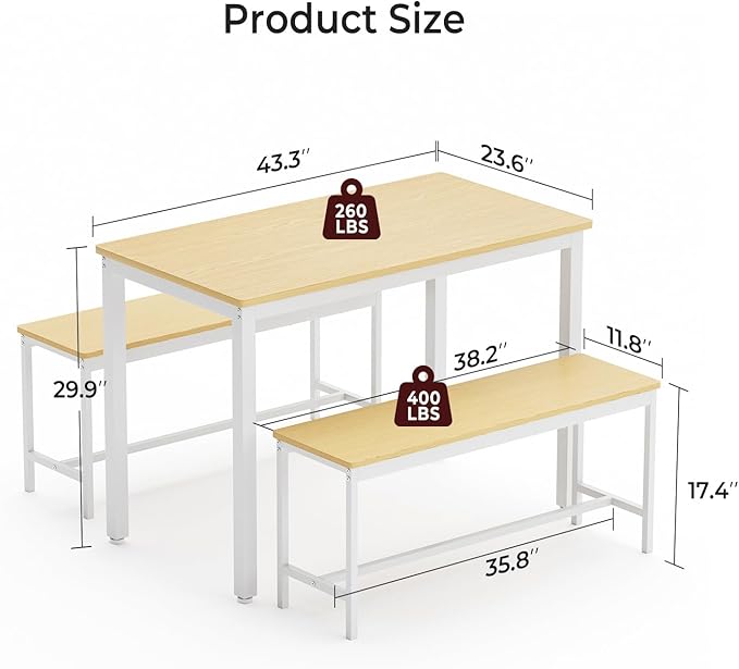Tatub Dining Table Set for 4, 3-Piece Kitchen Table with 2 Benches, Space-Saving Dining Room Table Set for Breakfast Nook and Small Spaces, Original