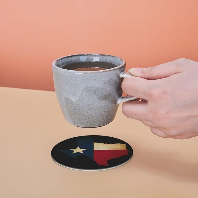 Texas Flag Coasters for Drinks with Holder Round Leather Coasters Set of 6 Cups Mugs Mat Pad for Home Kitchen Bar