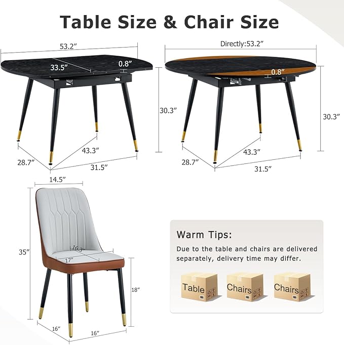 53” Round Dining Table Set for 6｜7 Piece Wood Dining Table Set｜Extendable Dining Room Table with 6 Chairs｜Black Wooden Tabletop with Metal Legs｜Easy Assembly｜Space Saving｜for Kitchen, Living Room
