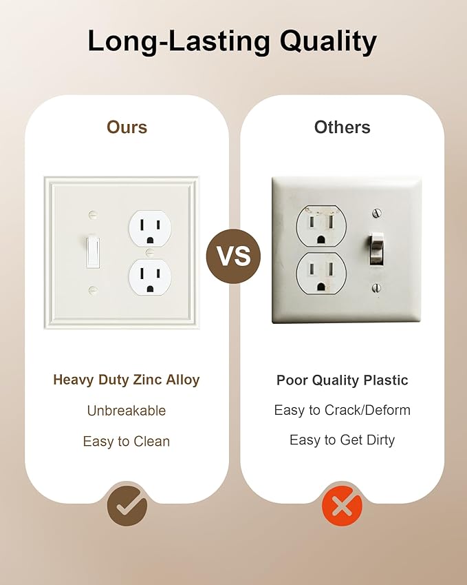 2-Pack Combo Toggle/Duplex Light Switch Cover Plate, Light Almond Wall Outlet Cover Plate, Decorative Wall Receptacle Cover for Electrical Outlets, Light Switch, Durable Solid Zinc Alloy