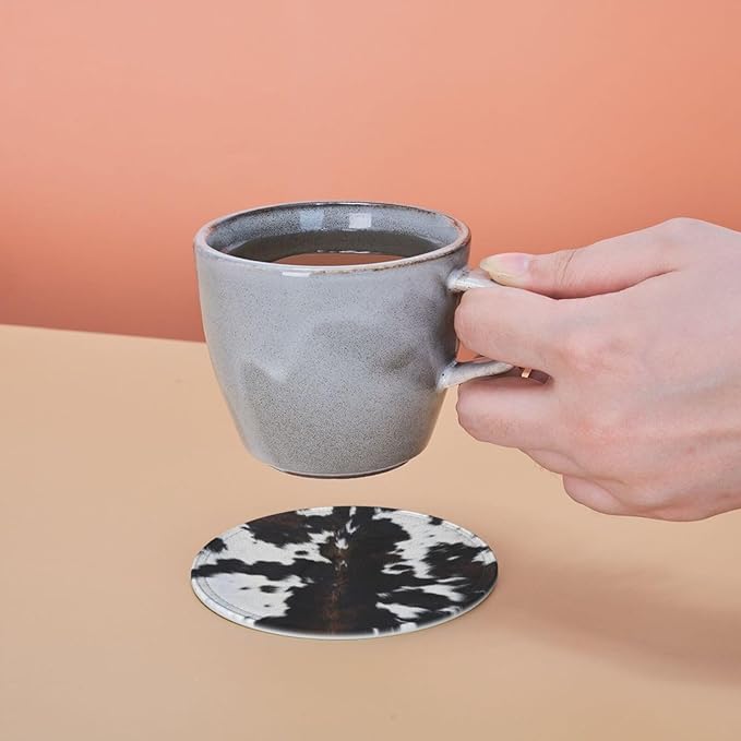 Cow Print Coasters for Drinks with Holder Round Leather Coasters Set of 6 Cups Mugs Mat Pad for Home Kitchen Bar
