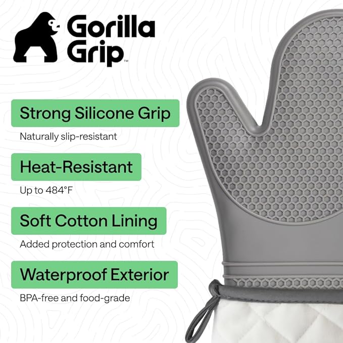 GORILLA GRIP BPA-Free Soft Silicone Oven Mitts, Heat Resistant and Waterproof Cooking Gloves, Thick Cotton Lining, Flexible Gripping for Baking Grilling, Kitchen Potholders Set of 2, 12.5x8.3, Gray