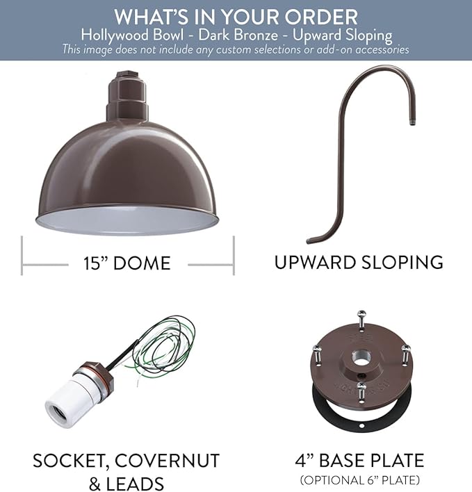 Steel Lighting Co. Hollywood Bowl Light | Outdoor Wall Mounted | 15 inch Bowl Dome | Upslope Gooseneck | Barn Light Made in America | Dark Bronze Exterior/White Interior