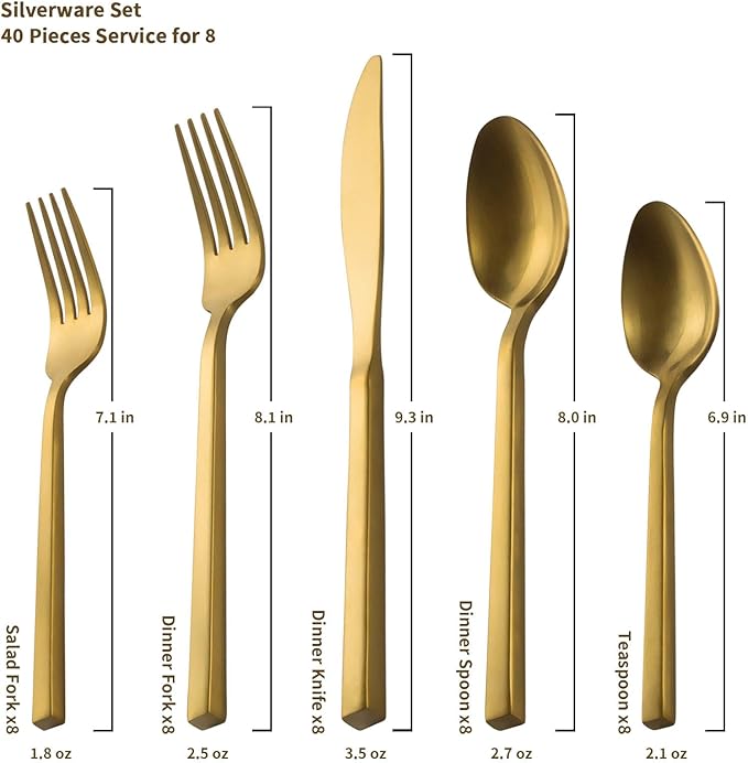 Alata Cube Matte Gold 40-Piece Flatware Set, Forged Cutlery Set, Service for 8, Stainless Steel Tableware with Square Handle for Home/Restaurant, Dishwasher Safe