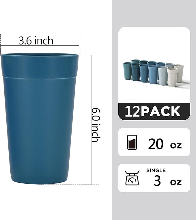 Homestockplus 20 Oz Wheat Straw Cups, Set of 12 Unbreakable Plastic Drinking Cups, Dishwasher and Microwave Safe, BPA-Free and Reusable Cups for Kitchen, Home, and Outdoor Use