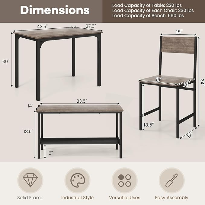 NAFORT Kitchen Table Set for 4, Industrial Dining Table with 2 Chairs & Storage Bench, Rustic Wood & Metal 4-Piece Dining Set for Small Space, Apartment, Kitchen & Dining Room