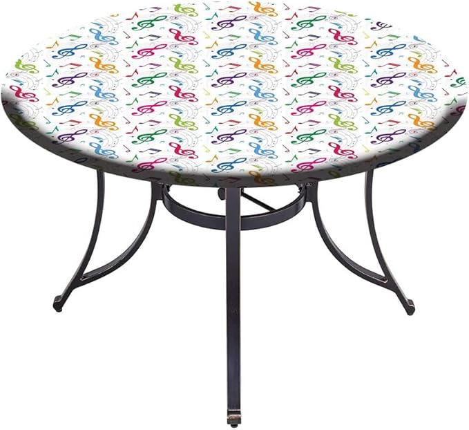 Round Edge Closing Tablecloth, Music Decor Elastic Edged Tablecloth, Notes on Circle Shape Geometric Background Carnival, Fit Round Tables 39inch Diameter, for Outdoor Indoor Use, Multy