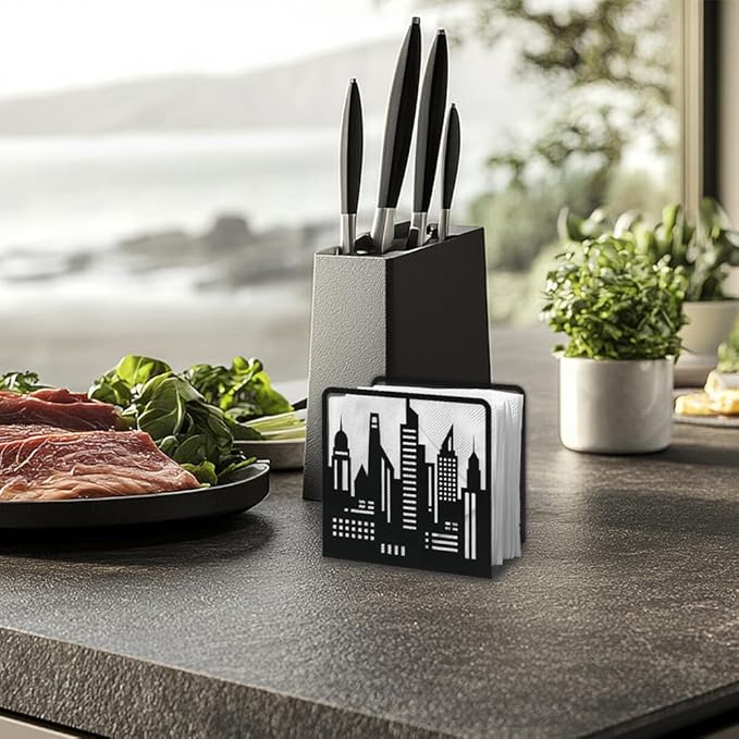 Skyline City Buildings Decorative Black Metal Napkin Holder for Table, 4.9" x 4.7" x 1.9" Skyscraper Standing Napkin Holder for Home Kitchen Restaurant Picnic Party Coffee Bar Dining Room