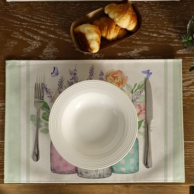 GEEORY Flowers Mason Jar Spring Placemats 12x18 Inch Set of 4 Green Summer Table mats Farmhouse Rustic Holiday Kitchen Dining Decoration for Indoor Outdoor Dinner Party Décor