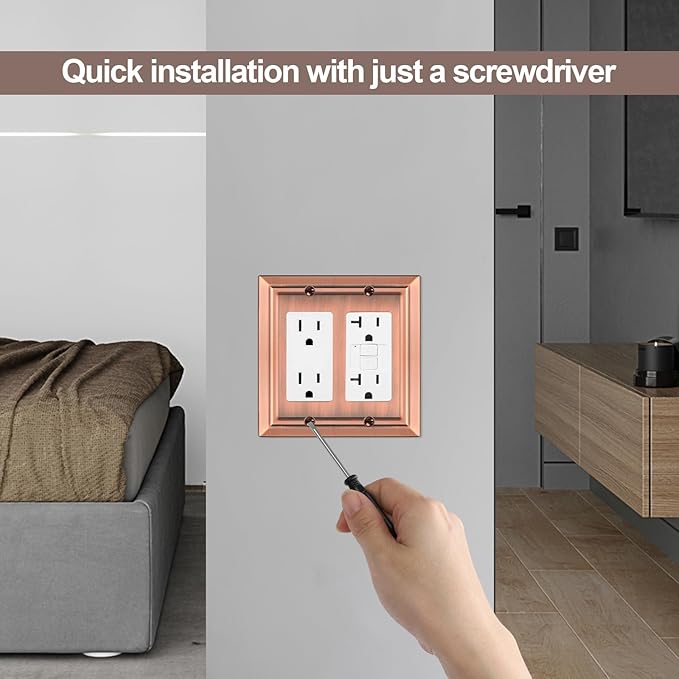Metal Wall Plate for Electrical Outlets, Decorative Antique Copper Switch Plates Outlet Cover, Light Switch Cover Plate, 2-Gang Wall Plates (Double Decorator, 2 Pack)