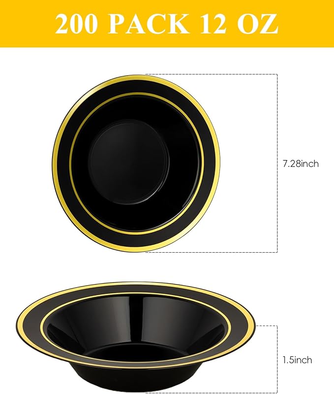 BESTSTAR 200 Pack Black Disposable Bowls with Gold Rim, 12oz Black Plastic Soup Bowls for Party, Wedding, Holiday,And Halloween