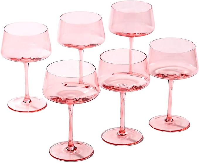 Pink Coupe Glasses Set of 6-13 oz Large Capacity Martini Glassware - Versatile Tall Cocktail Glasses- Hand-Blown Colored Champagne Coupe Glass-Art Deco Cocktail Glasses Set-Wedding Gifts