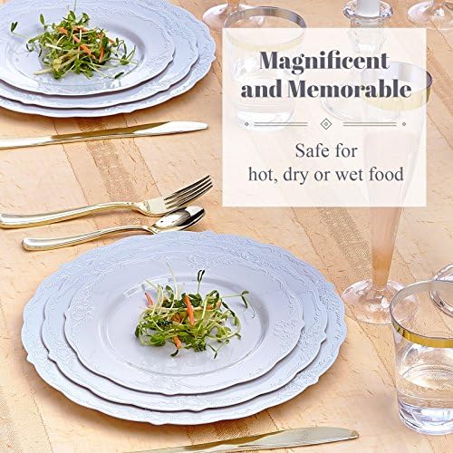HEAVY DUTY PLASTIC PLATES SET | 10 Dinner Plates | 10 Salad Plates | 10 Dessert Plates | Elegant Plastic Dinnerware | Fine China Look | Upscale Wedding Dining (Vintage Collection - Grey) - Image 3