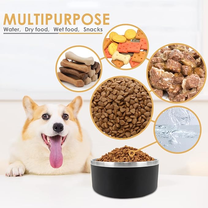 IKITCHEN Dog Bowl for Food and Water, 64 Oz Stainless Steel Pet Feeding Bowl, Durable Non-Skid Double Wall Insulated Heavy Duty with Rubber Bottom for Medium Large Sized Dogs (64 Ounces/8 Cup, Black)