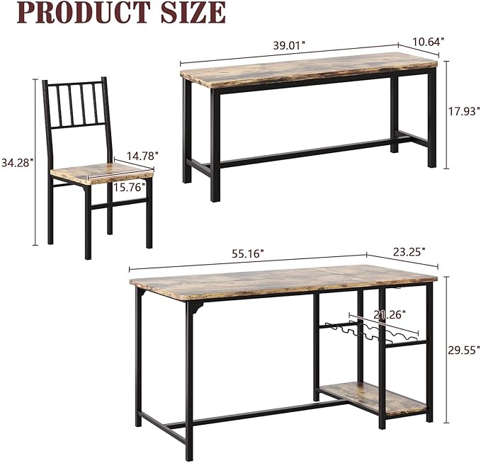 Dining Table for 4, Kitchen Table Set for 4 With 2 Chairs and Bench, Dining Room Table Set with Built in Wine Rack & Wine Glasses Holder, Storage Shelves for Small Space, Kitchen, Rustic Brown
