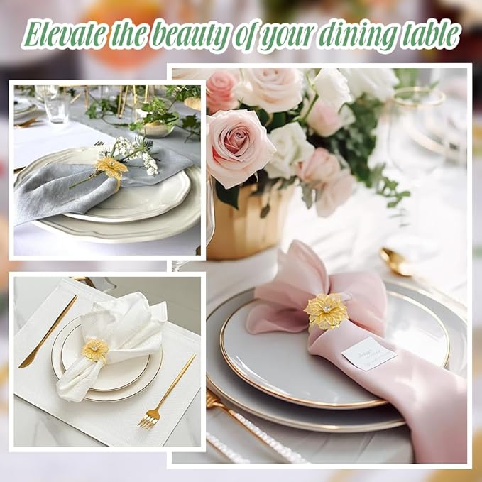 60Pcs Flower Napkin Ring, Hollow Out Floral Napkin Holder Table Ring Buckle Dining Table Setting for Party Wedding Banquet Christmas Family Gatherings Gather Prom Table Decoration (Gold)