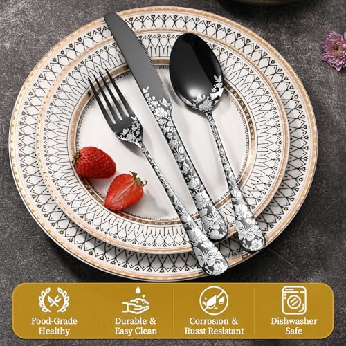 40 Piece Black Silverware Set, Stainless Steel Flatware Cutlery Set Service for 8, Mirror Polished Tableware Eating Utensils Set for Home Kitchen, Include Knife Fork Spoon Set, Dishwasher Safe - Image 3