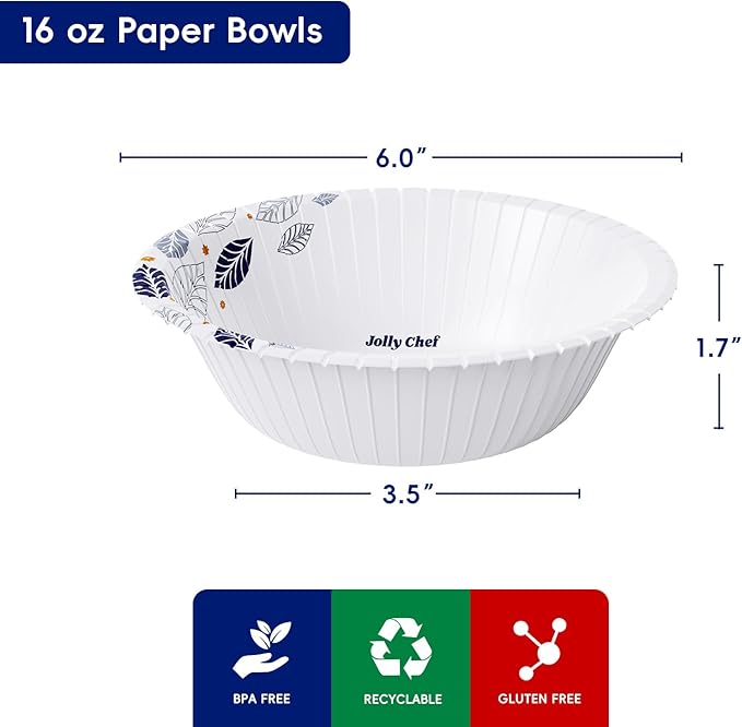 JOLLY CHEF 156 Count Paper Bowls 16 OZ with Leaf Floral Print, Heavy-duty Bowls Bulk Perfect for Parties,Picnics,and Everyday Use