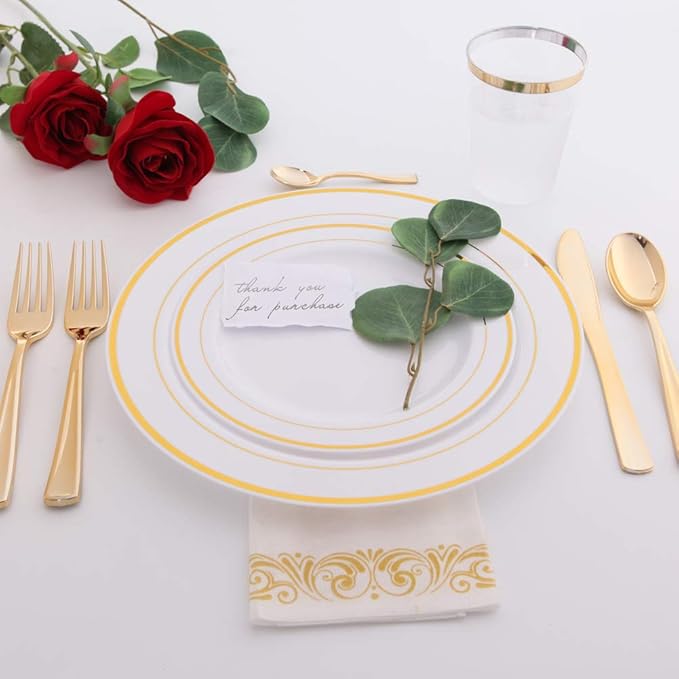 WDF 60PCS White Gold Plates Disposable - Gold Plastic Plates, Including 30-10.25inch Gold Dinner and 30-7.5inch Salad/Dessert for Valentine's Day