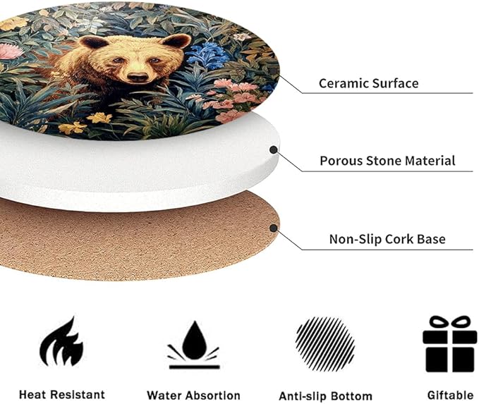 Drink Coasters for Drinks Set of 6, Vintage Botanical Floral Wild Animals Absorbent Round Ceramic Stone Mat Coaster, with Cork Base and Metal Holder, Home Bar Decor House Warming Gift