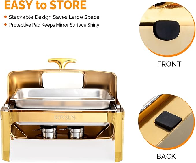 ROVSUN 9QT Chafing Dishes for Buffet, Roll Top Chafing Dish Buffet Set, Stainless Steel Buffet Warmer Chafers and Buffet Warmers Sets with Glass Window for Catering Events Parties Weddings, Gold