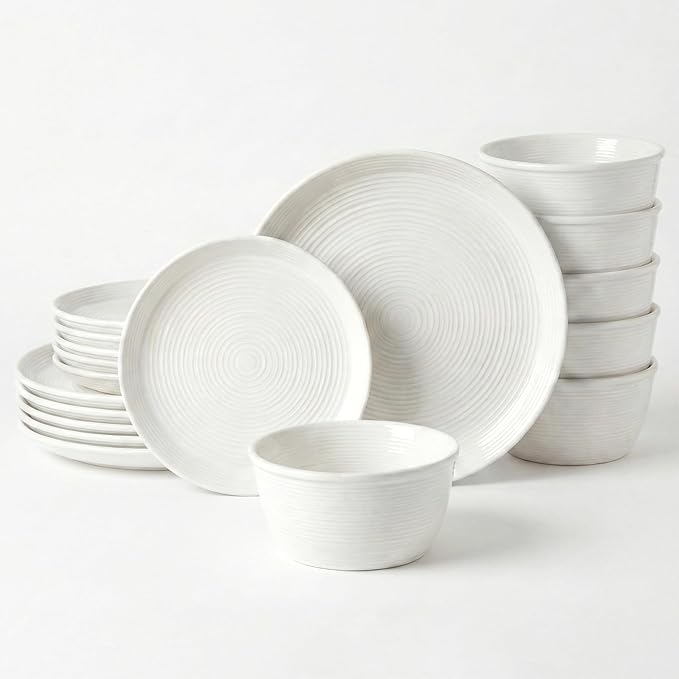 LE TAUCI Ceramic Plates and Bowls Set for 6, 18-Piece Ceramic Dinnerware Set, Farmhouse Dishes Set, Microwave & Dishwasher Safe, Stackable, 10" Dinner+8" Salad Plates+6" Bowls, White