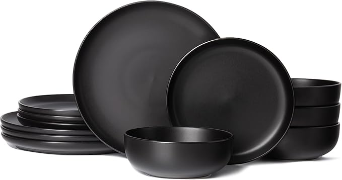 12-Piece Stoneware Dinnerware Set with Mugs | Microwave and Dishwasher Friendly | Stackable Matte Glaze Plates & Bowls | Service for 3 (Black for 4)