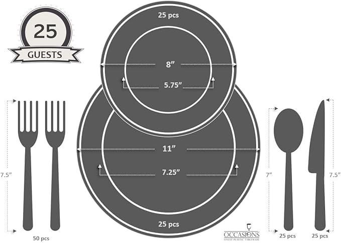 " OCCASIONS " 150pcs set (25 Guests)-Extra Heavyweight Vintage Wedding Disposable/Reusable Plastic Plates (25 x 11'' + 25 x 8.25'') + Silverware (Chateau Collection in Blush Pink)