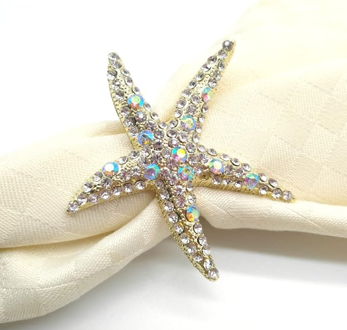 Crystal Starfish Napkin Rings Set of 12 - Rhinestone Coastal Nautical Napkin Ring Holders for Wedding Party, Beach/OceanTheme Dining Table Decoration Accessories (12)