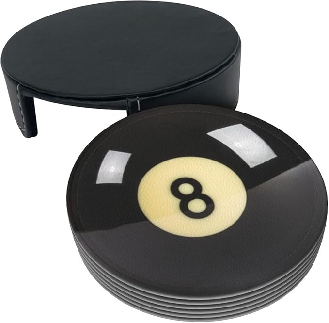 Black 8 Billiard Coasters for Drinks with Holder Round Leather Coasters Set of 6 Cups Mugs Mat Pad for Home Kitchen Bar