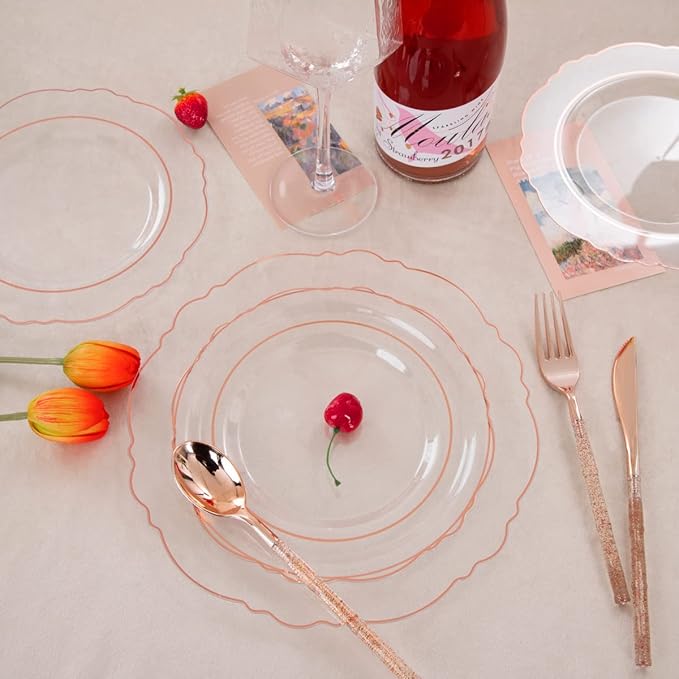 Liacere 150PCS Rose Gold Plastic Plates - Clear Rose Gold Disposable Plates with Glitter Bamboo Handle Cutlery - 60 Baroque Elegant Plates, 30 Forks, 30 Spoons, 30 Knives for Wedding＆Valentine's Day