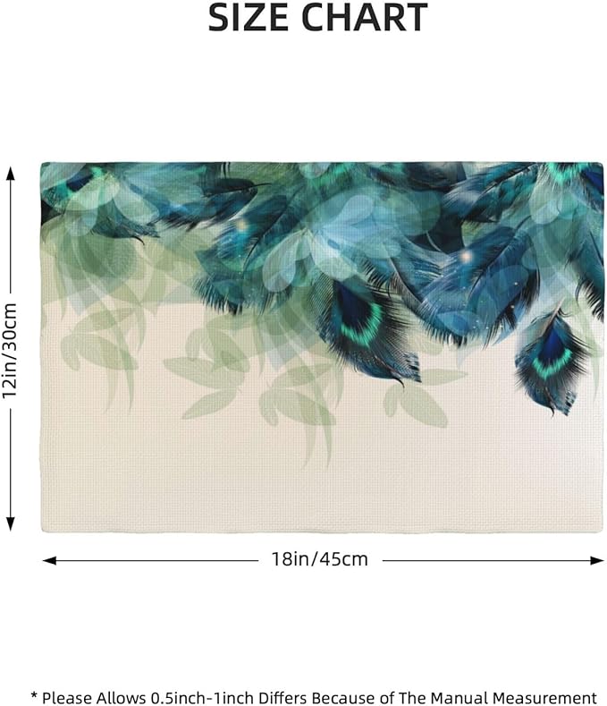 Teal Peacock Feathers Placemats Set of 4 Beautiful Blue Turquoise Floral Linen Washable Place Mats Kitchen Dining Green Leaf Heat-Resistant Desktop Decor Table Mats 12x18 Inch