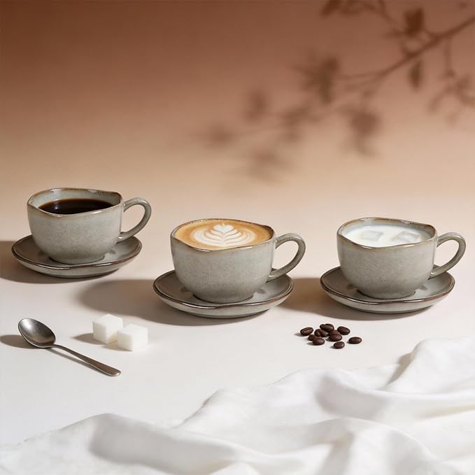 Organic Shape Highland Ceramic Coffee Cup and Saucer, 6pcs 8oz Handmade Reactive Glaze Saucer Sets with Wavy Edge, for Kitchen, Microwave & Dishwasher Safe, Scratch Resistant-grey