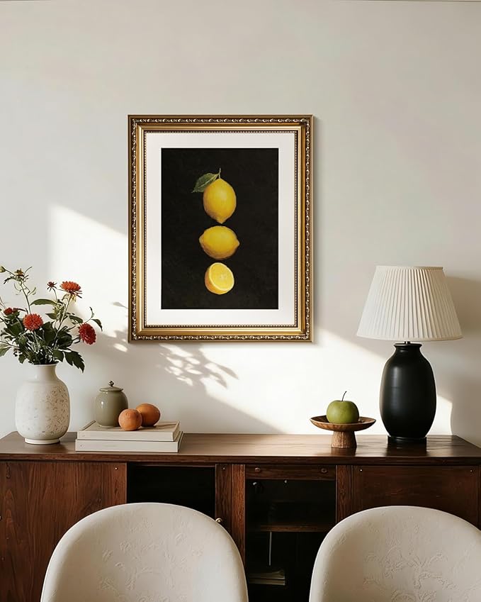 InSimSea Gold Framed Wall Art, Lemon Kitchen Wall Shelf Decor, Dark Moody Still Life Canvas Print Art, Dining Room Farmhouse Decor, Antique Paintings with Picture Frame 13x16inch