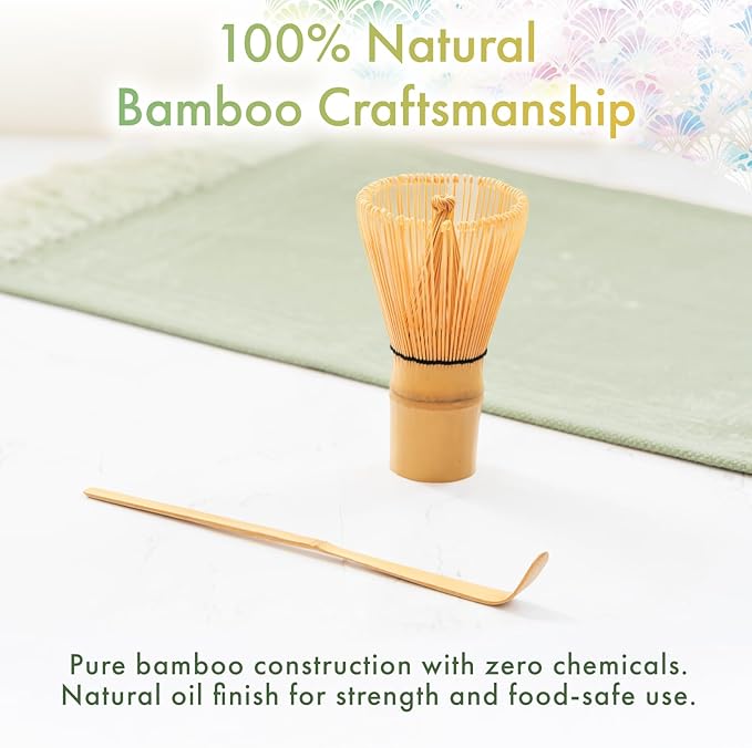Matcha Set | Japanese Matcha Tea Set with Crystal-Glazed Ceramic Spout Bowl | Bamboo Whisk & Holder, Scoop and Stainless Sifter | 5-Piece Matcha Kit |「Crystal Shell Green」