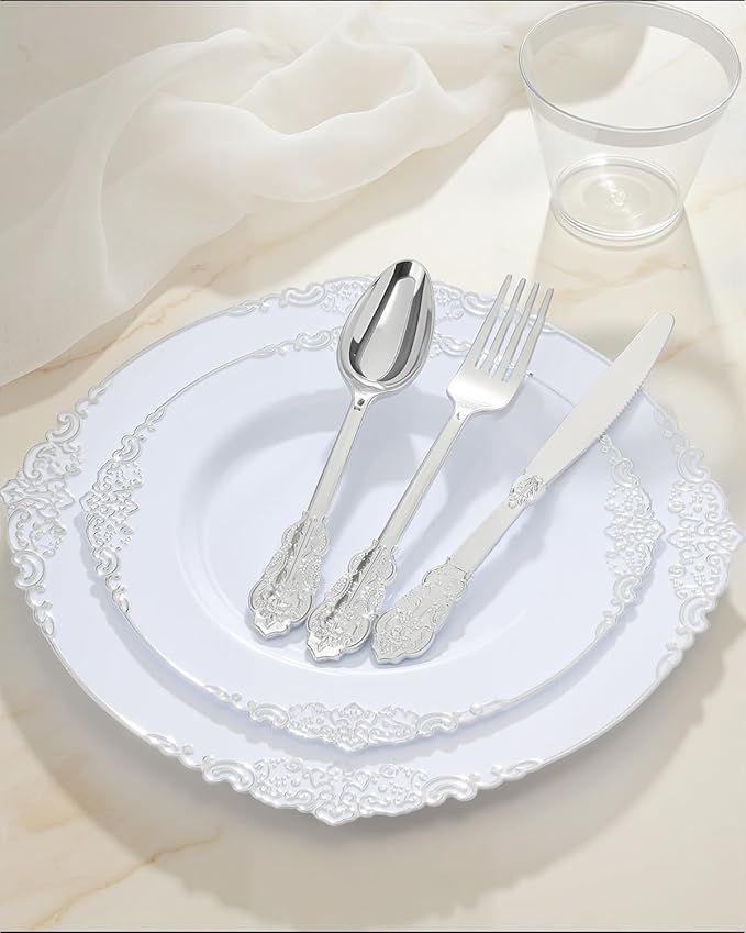 Goodluck 350 Piece Silver Plastic Dinnerware Set for 50 Guests, Fancy Disposable Plates, Include: 100 Silver Rim Plastic Plates, 150 Silverwares, 50 Pre Rolled Napkins, 50 Cups for Party, Wedding