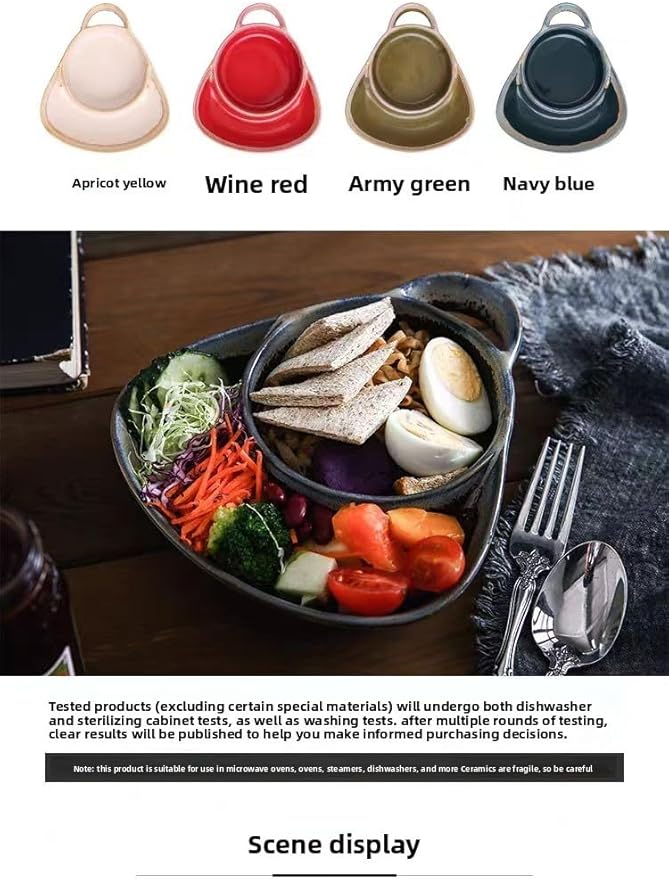 Soup and Side Bowl Plate Ceramic, Chip and Dip Divided Bowls, Anti-Soggy Cereal Bowl Bread Dipping Bowls Plates for Salad Breakfast, and Sandwich Ideal for Home and Restaurant (Blue + green)